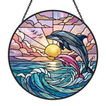 Pink and blue dolphin pair stained glass suncatcher window hanging, suitable for home and garden decoration