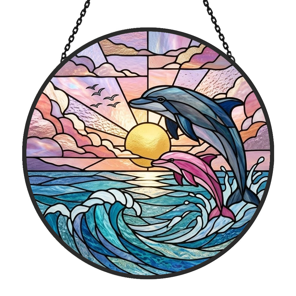 Pink and blue dolphin pair stained glass suncatcher window hanging, suitable for home and garden decoration