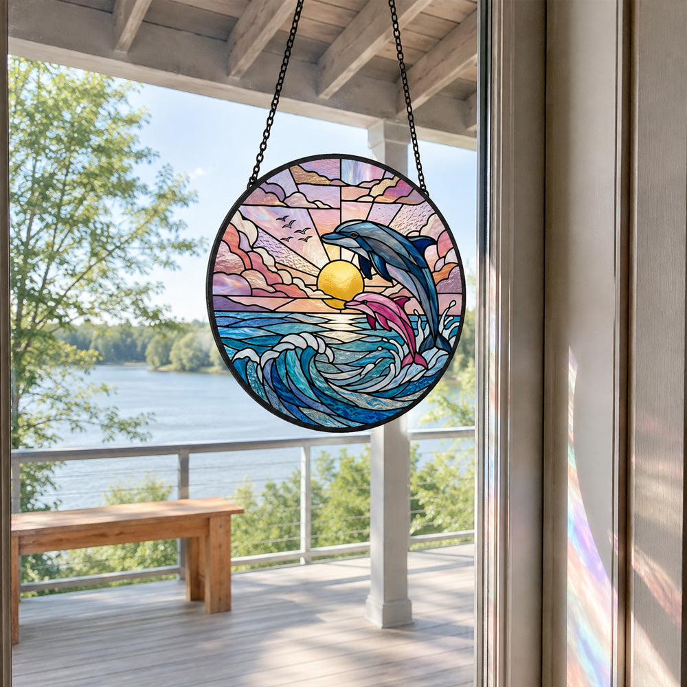 Pink and blue dolphin pair stained glass suncatcher window hanging, suitable for home and garden decoration