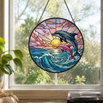 Pink and blue dolphin pair stained glass suncatcher window hanging, suitable for home and garden decoration