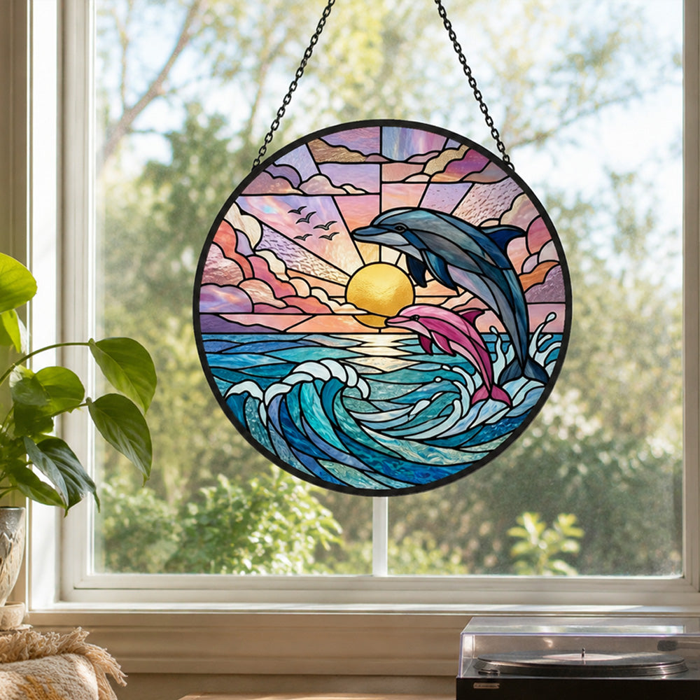 Pink and blue dolphin pair stained glass suncatcher window hanging, suitable for home and garden decoration