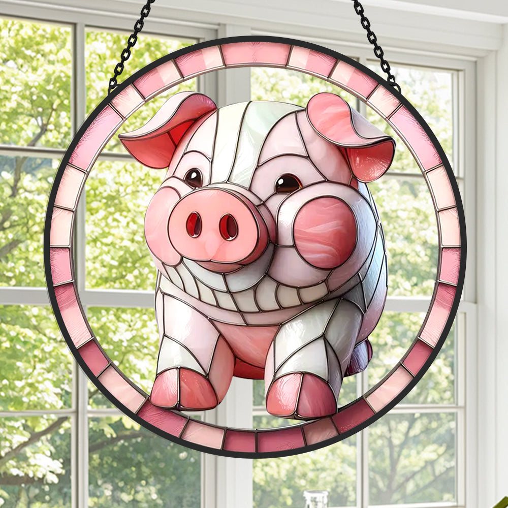 Pink farmhouse pig stained glass suncatcher window hanging, suitable for home and garden decoration
