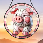 Pink farmhouse pig stained glass suncatcher window hanging, suitable for home and garden decoration