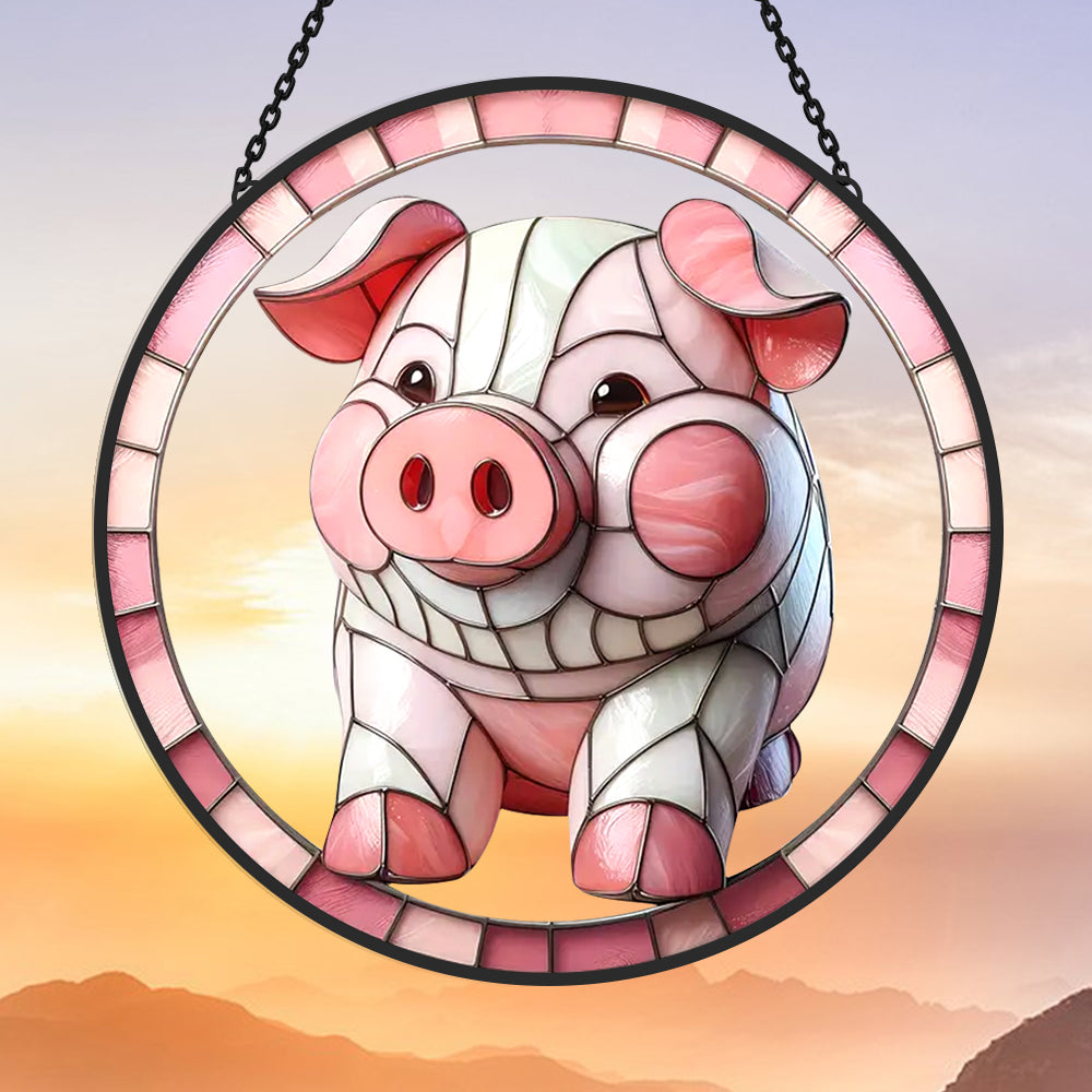 Pink farmhouse pig stained glass suncatcher window hanging, suitable for home and garden decoration