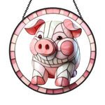 Pink farmhouse pig stained glass suncatcher window hanging, suitable for home and garden decoration
