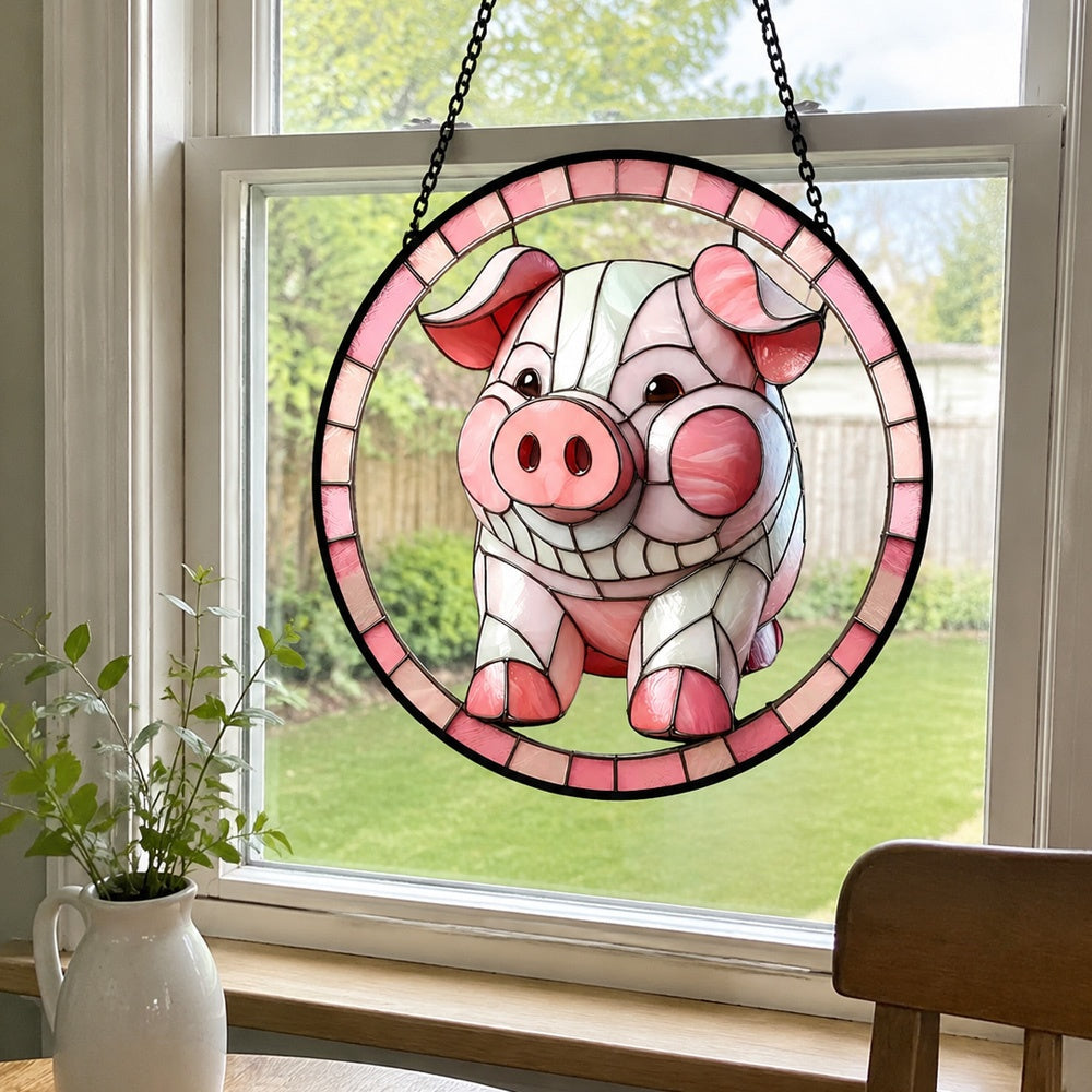 Pink farmhouse pig stained glass suncatcher window hanging, suitable for home and garden decoration