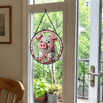 Pink farmhouse pig stained glass suncatcher window hanging, suitable for home and garden decoration