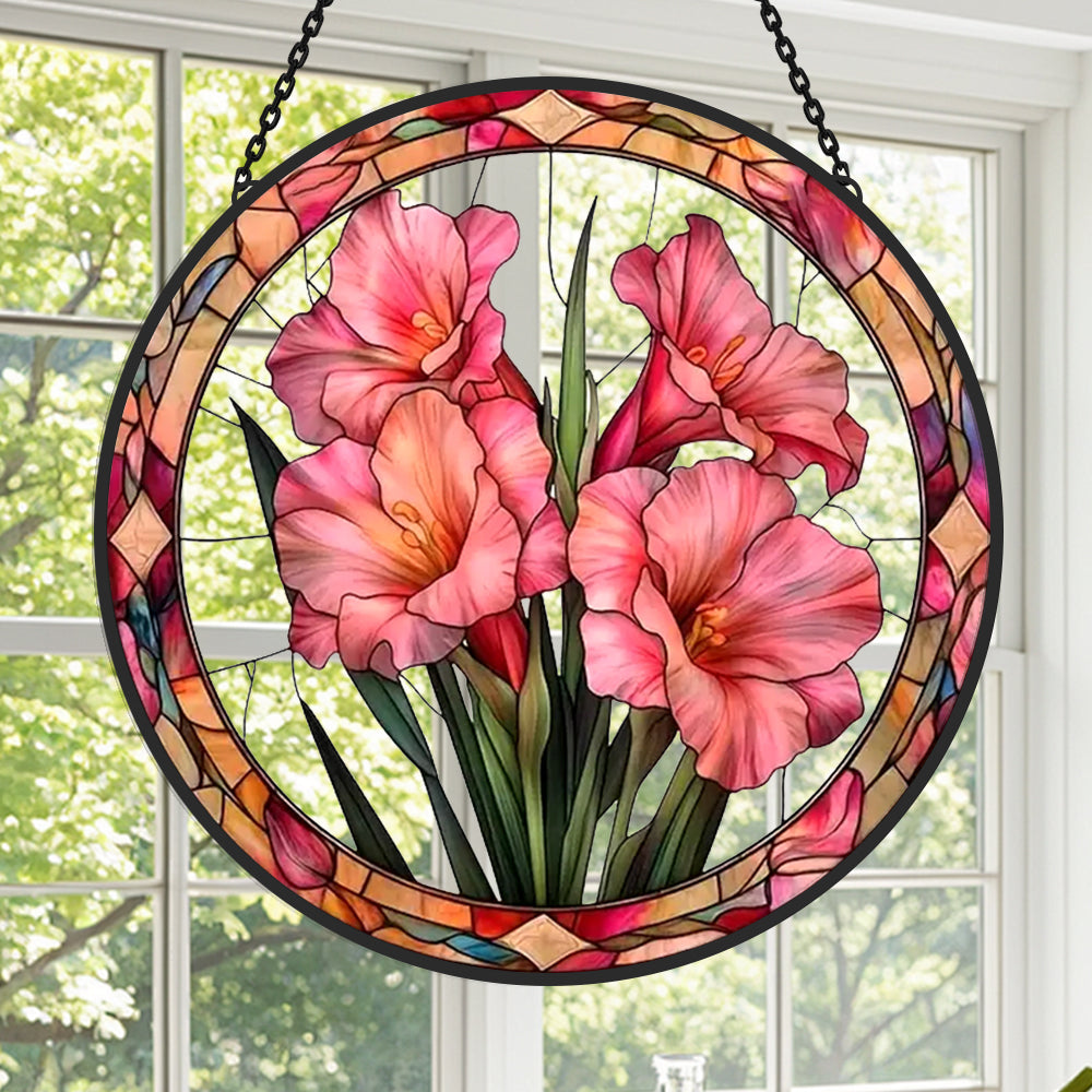 Pink gladiolus lily floral stained glass suncatcher window hanging, suitable for home and garden decoration