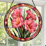Pink gladiolus lily floral stained glass suncatcher window hanging, suitable for home and garden decoration