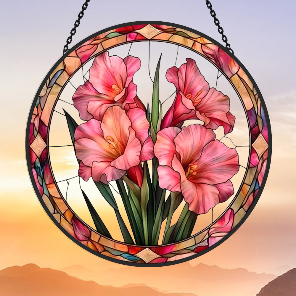 Pink gladiolus lily floral stained glass suncatcher window hanging, suitable for home and garden decoration