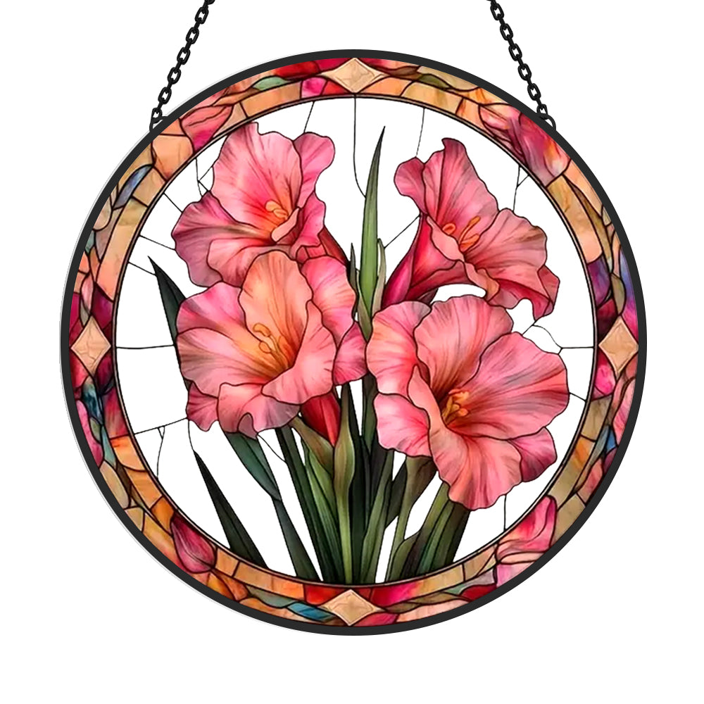 Pink gladiolus lily floral stained glass suncatcher window hanging, suitable for home and garden decoration
