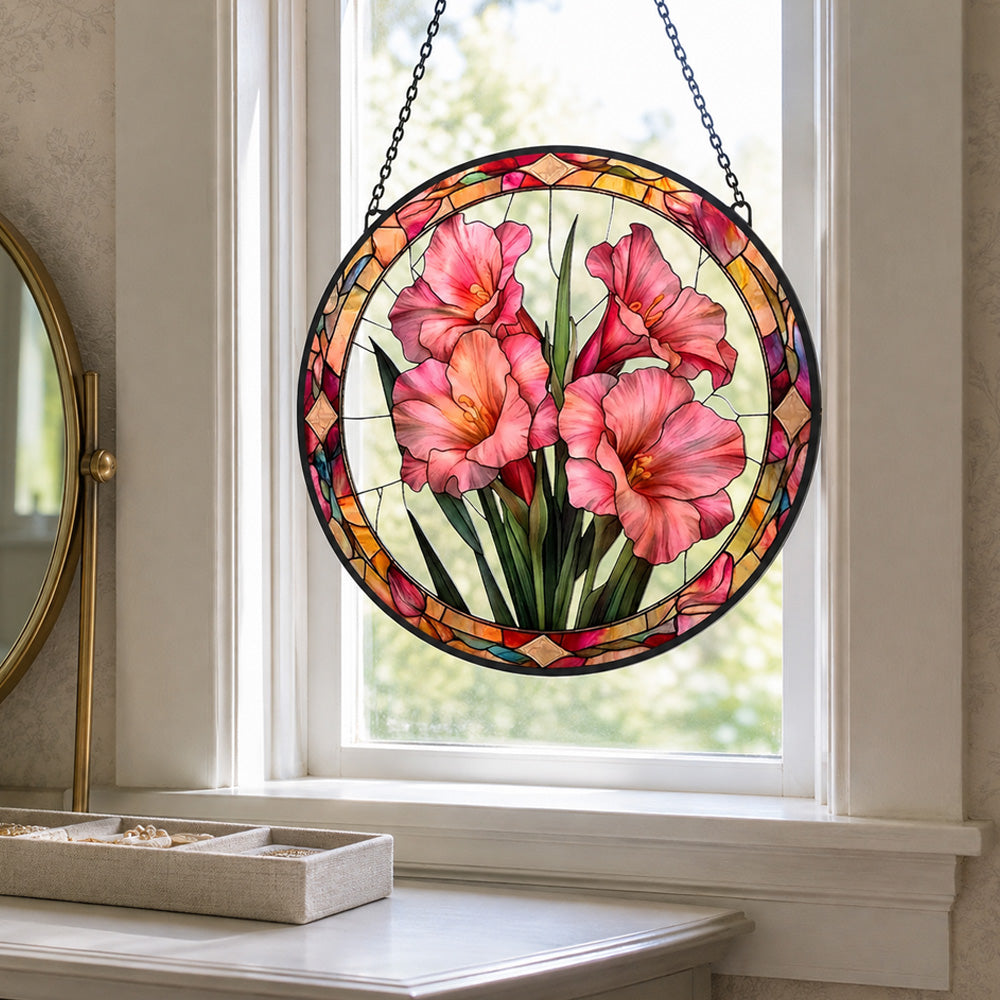 Pink gladiolus lily floral stained glass suncatcher window hanging, suitable for home and garden decoration