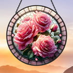 Pink rose blossom stained glass suncatcher window hanging, suitable for home and garden decoration