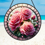 Pink rose blossom stained glass suncatcher window hanging, suitable for home and garden decoration