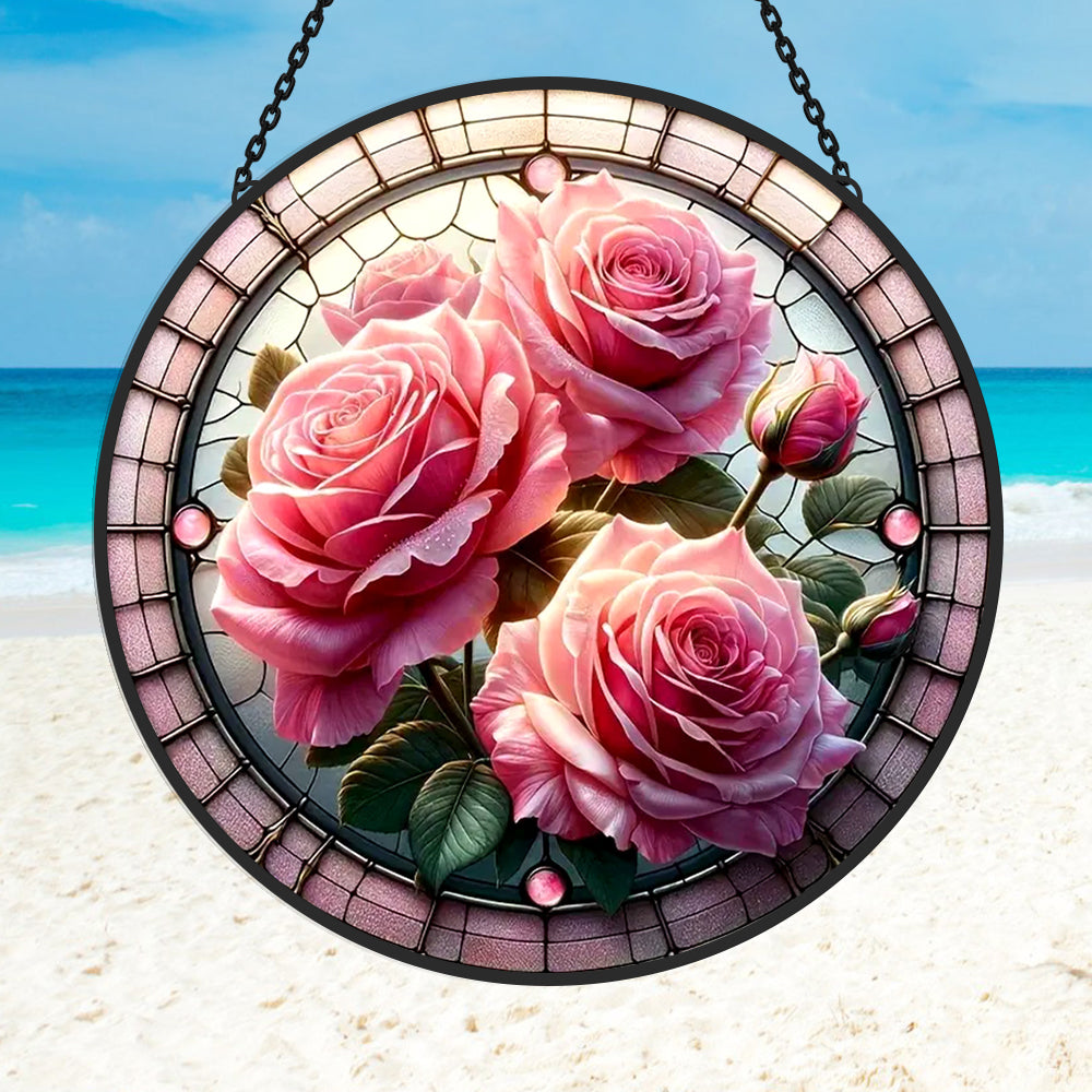 Pink rose blossom stained glass suncatcher window hanging, suitable for home and garden decoration