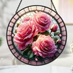 Pink rose blossom stained glass suncatcher window hanging, suitable for home and garden decoration