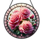 Pink rose blossom stained glass suncatcher window hanging, suitable for home and garden decoration