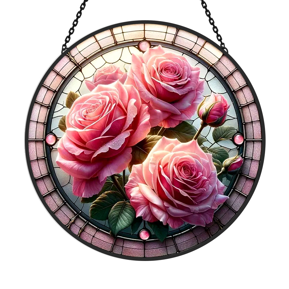 Pink rose blossom stained glass suncatcher window hanging, suitable for home and garden decoration