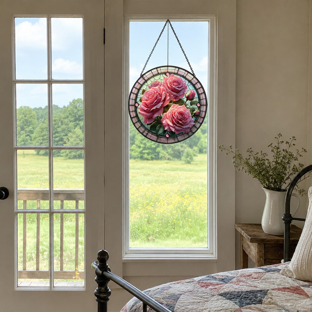 Pink rose blossom stained glass suncatcher window hanging, suitable for home and garden decoration