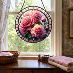 Pink rose blossom stained glass suncatcher window hanging, suitable for home and garden decoration