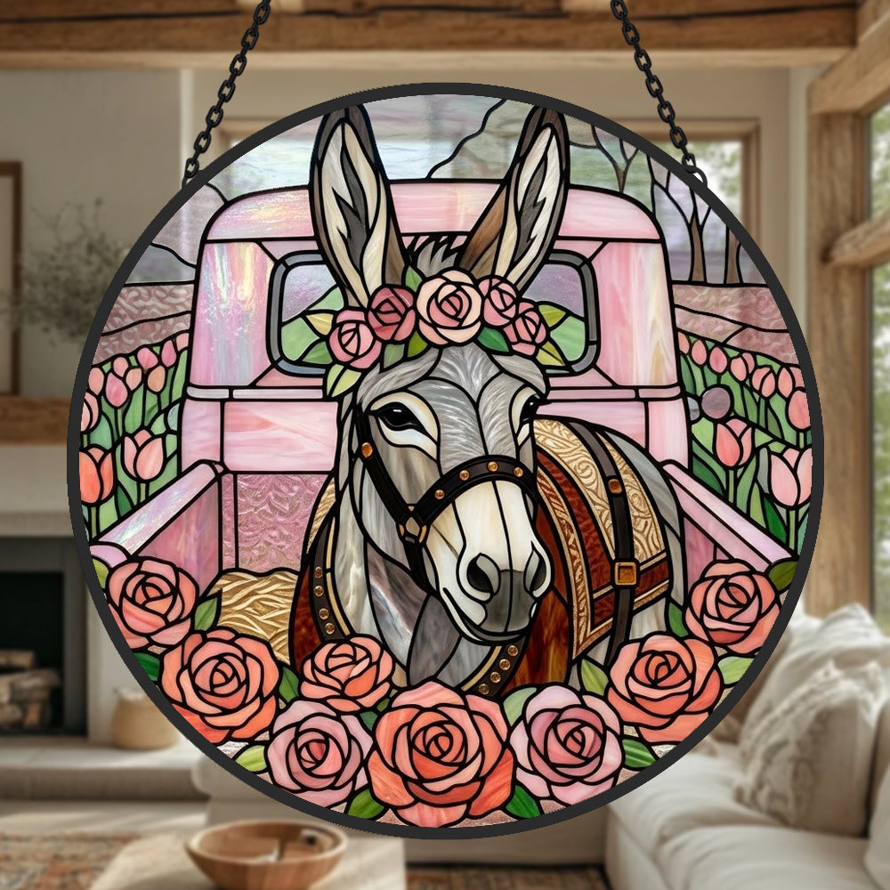 Pink vintage truck donkey stained glass suncatcher window hanging, suitable for home and garden decoration