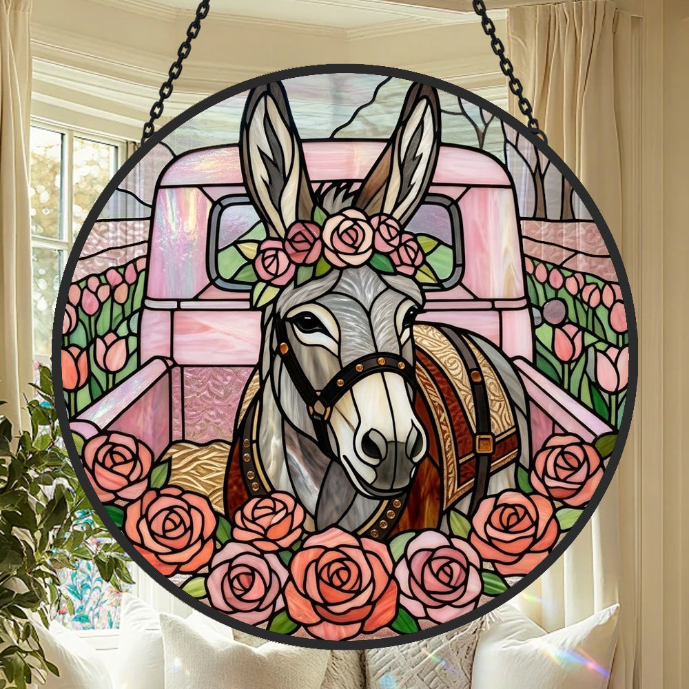 Pink vintage truck donkey stained glass suncatcher window hanging, suitable for home and garden decoration