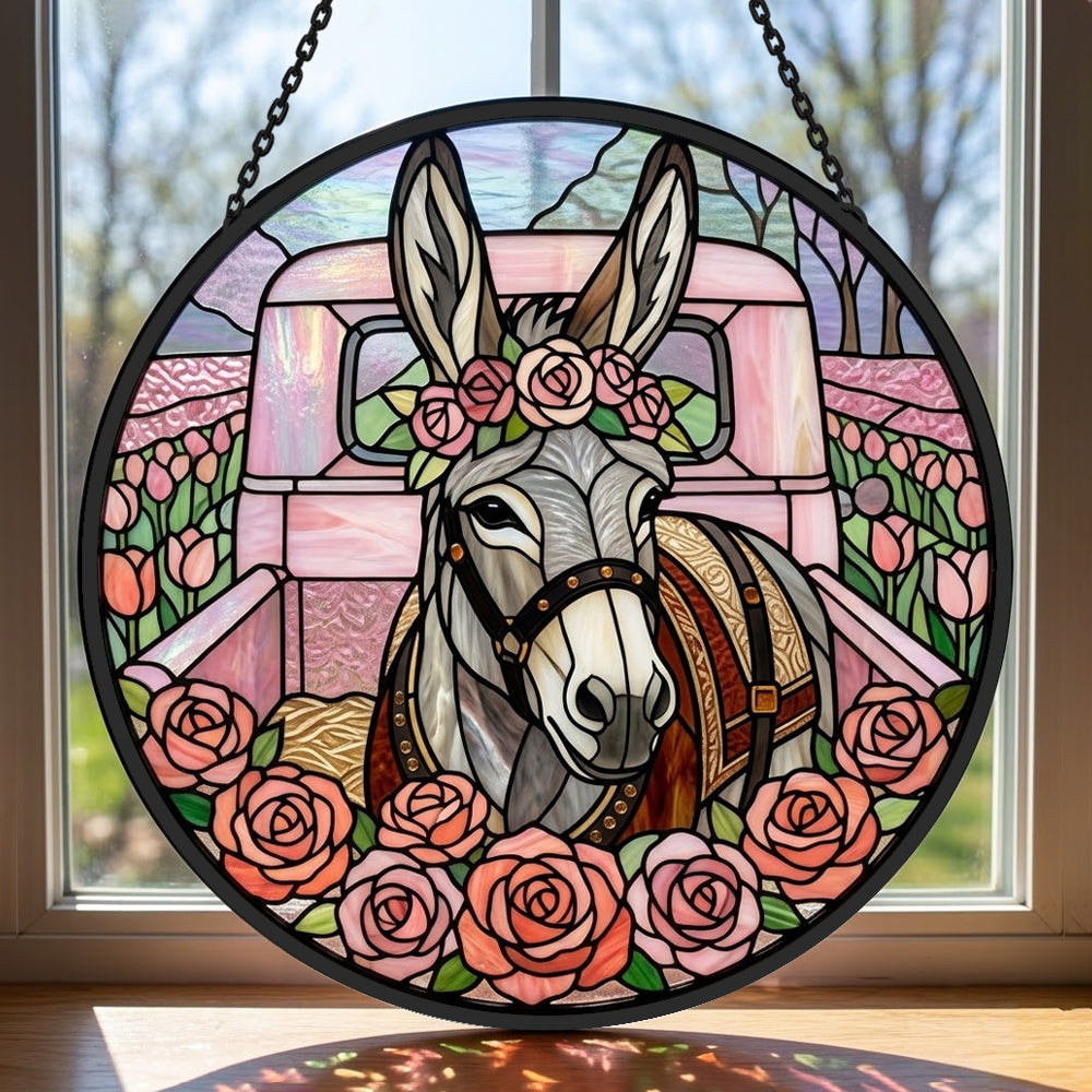 Pink vintage truck donkey stained glass suncatcher window hanging, suitable for home and garden decoration