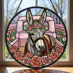 Pink vintage truck donkey stained glass suncatcher window hanging, suitable for home and garden decoration