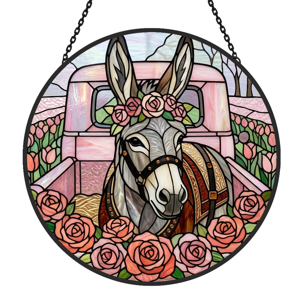 Pink vintage truck donkey stained glass suncatcher window hanging, suitable for home and garden decoration
