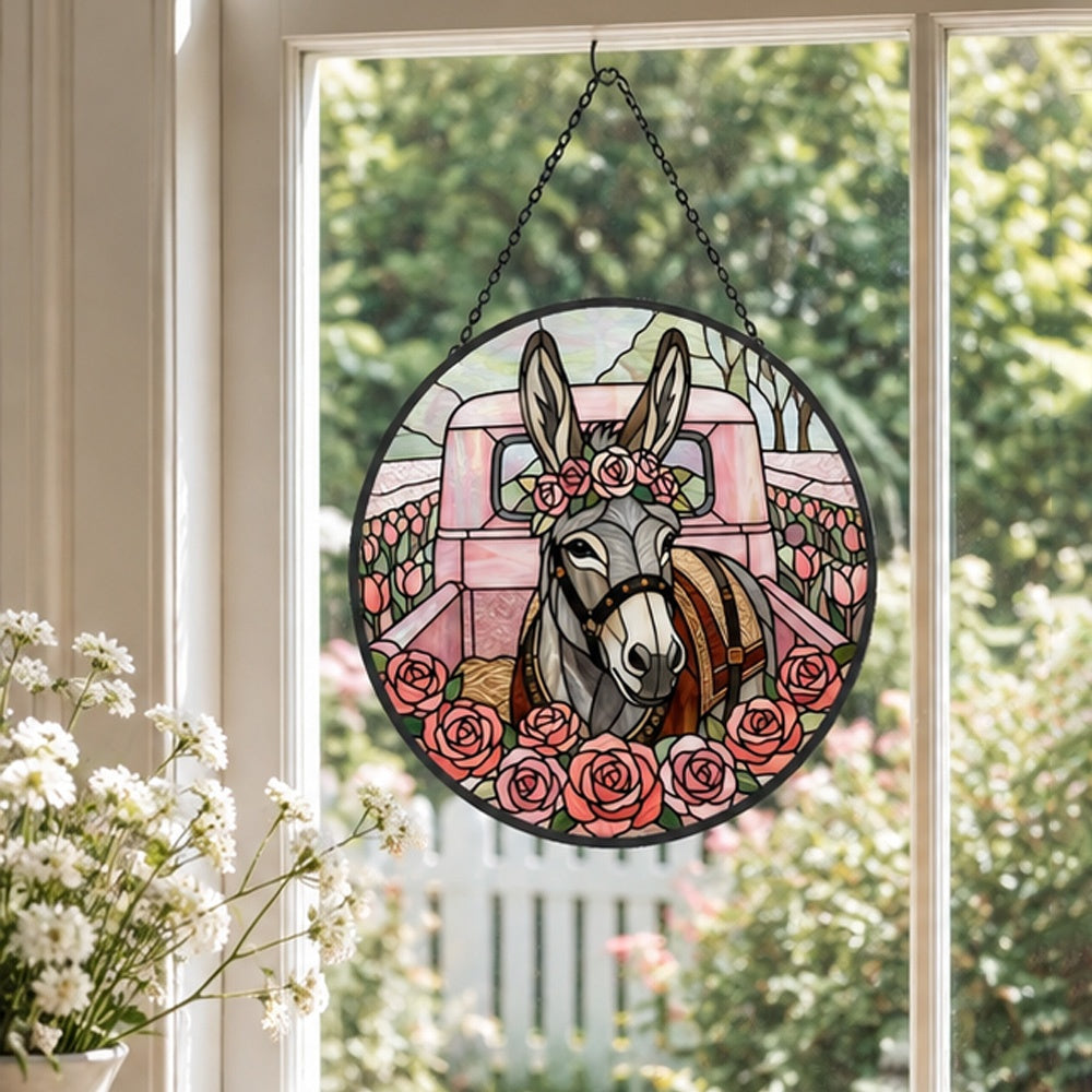 Pink vintage truck donkey stained glass suncatcher window hanging, suitable for home and garden decoration