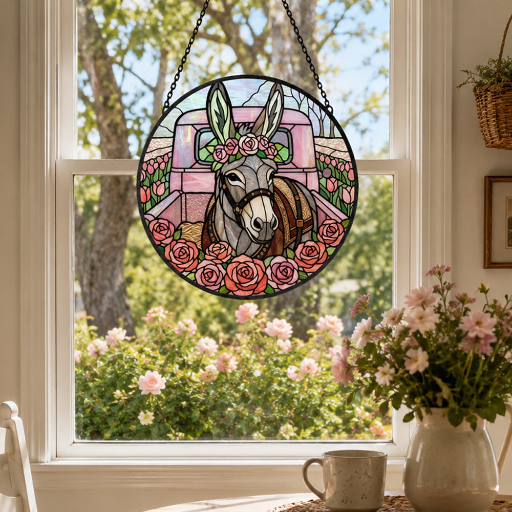 Pink vintage truck donkey stained glass suncatcher window hanging, suitable for home and garden decoration