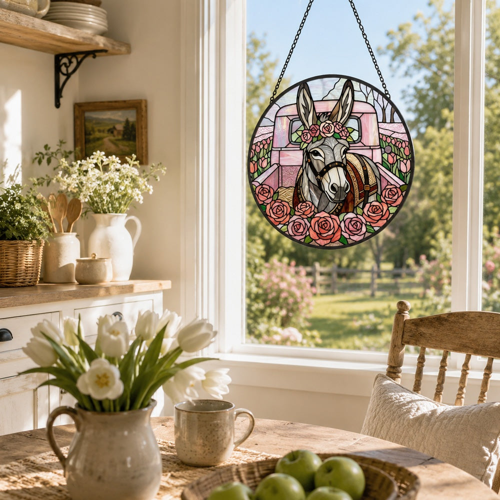 Pink vintage truck donkey stained glass suncatcher window hanging, suitable for home and garden decoration
