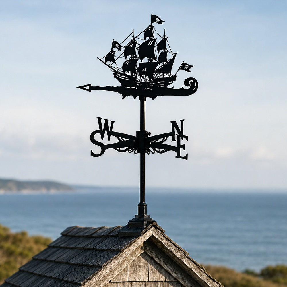 Pirate ship metal weather vane with directional arrows and mounting rod, outdoor roof and garden decoration