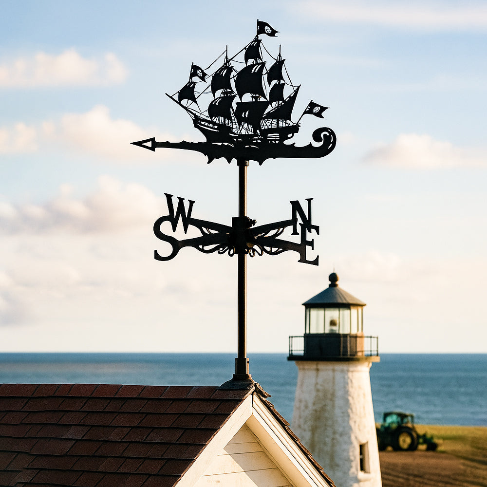 Pirate ship metal weather vane with directional arrows and mounting rod, outdoor roof and garden decoration