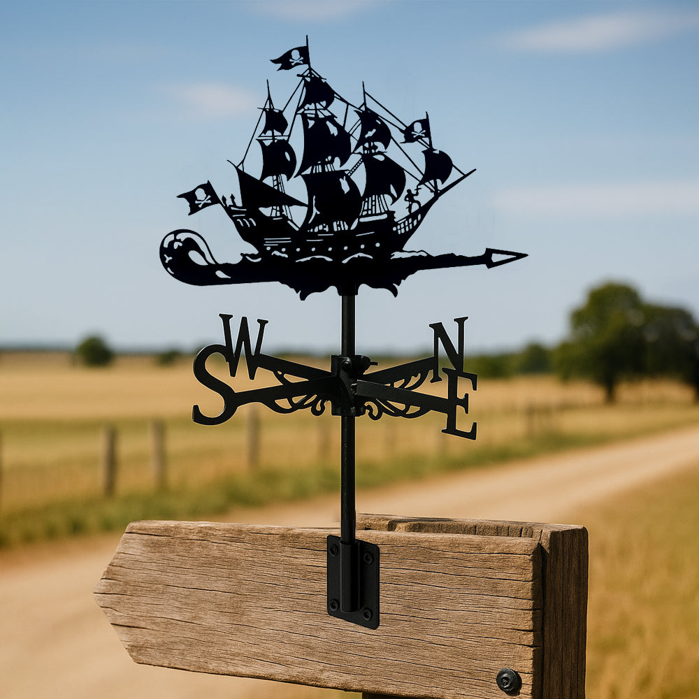 Pirate ship metal weather vane with directional arrows and mounting rod, outdoor roof and garden decoration