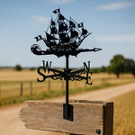 Pirate ship metal weather vane with directional arrows and mounting rod, outdoor roof and garden decoration