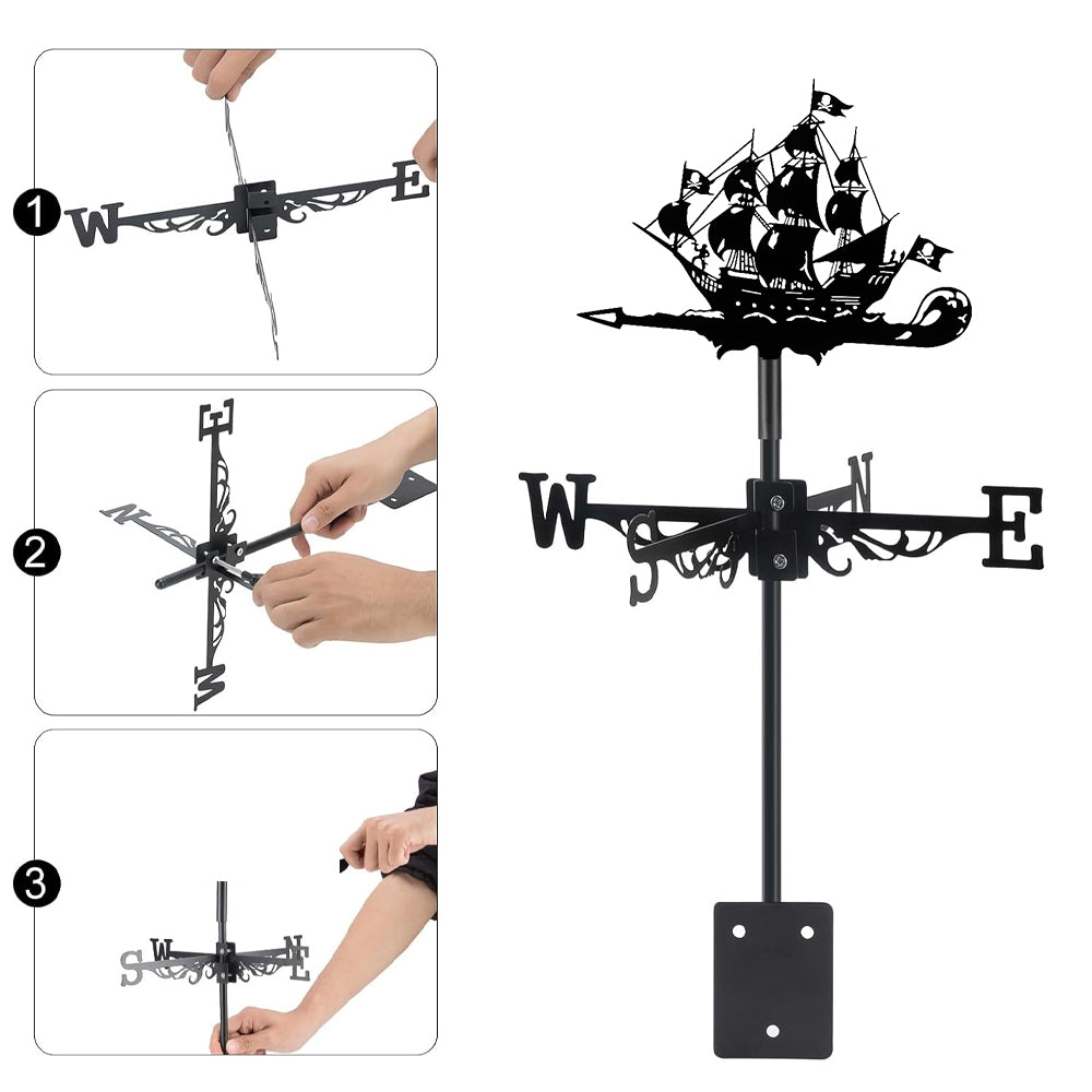 Pirate ship metal weather vane with directional arrows and mounting rod, outdoor roof and garden decoration
