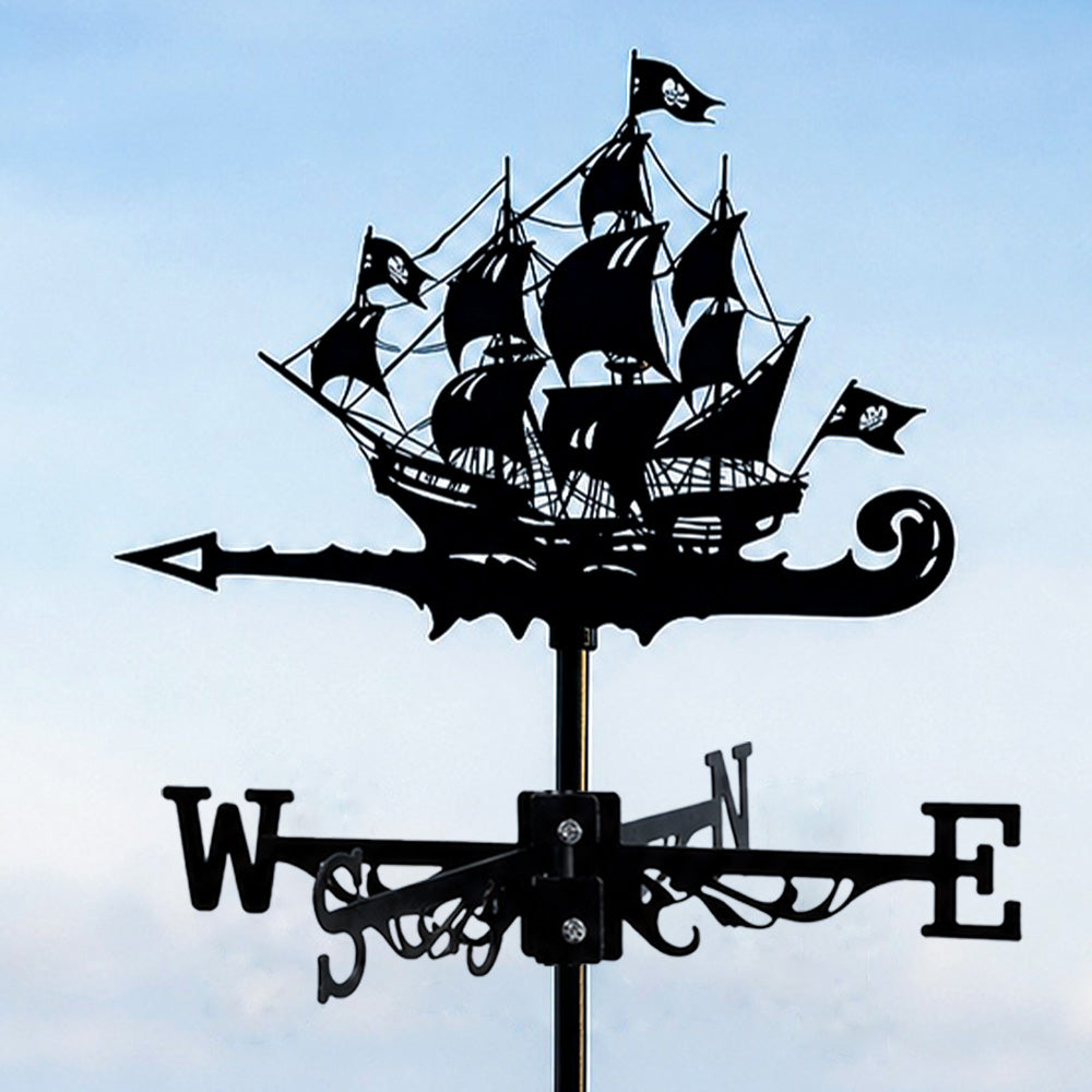 Pirate ship metal weather vane with directional arrows and mounting rod, outdoor roof and garden decoration