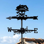 Pirate skull metal weather vane with directional arrows and mounting rod, outdoor roof and garden decoration