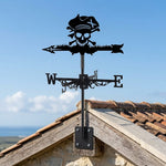Pirate skull metal weather vane with directional arrows and mounting rod, outdoor roof and garden decoration