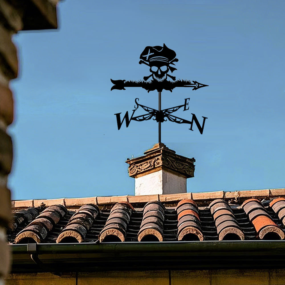 Pirate skull metal weather vane with directional arrows and mounting rod, outdoor roof and garden decoration