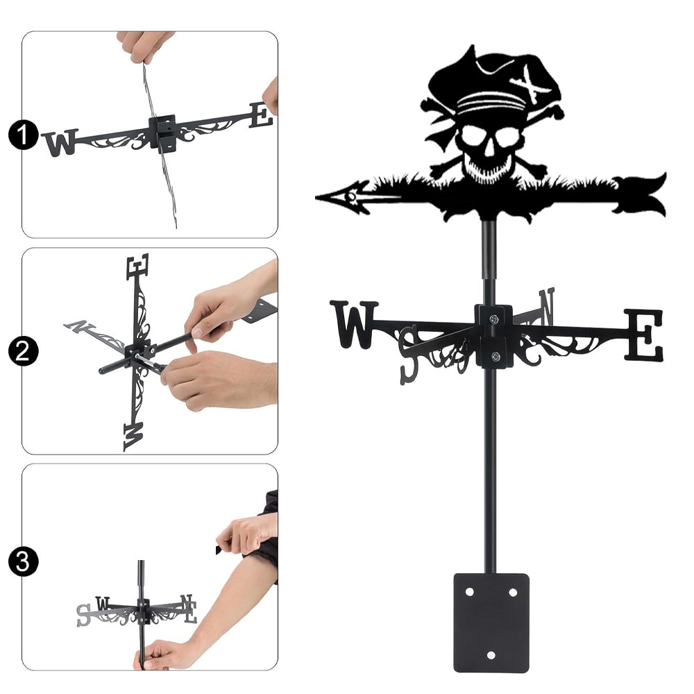 Pirate skull metal weather vane with directional arrows and mounting rod, outdoor roof and garden decoration