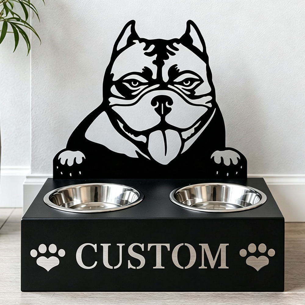 Personalized pit bull terrier metal dog bowl stand with custom name cutout and two removable feeding bowls