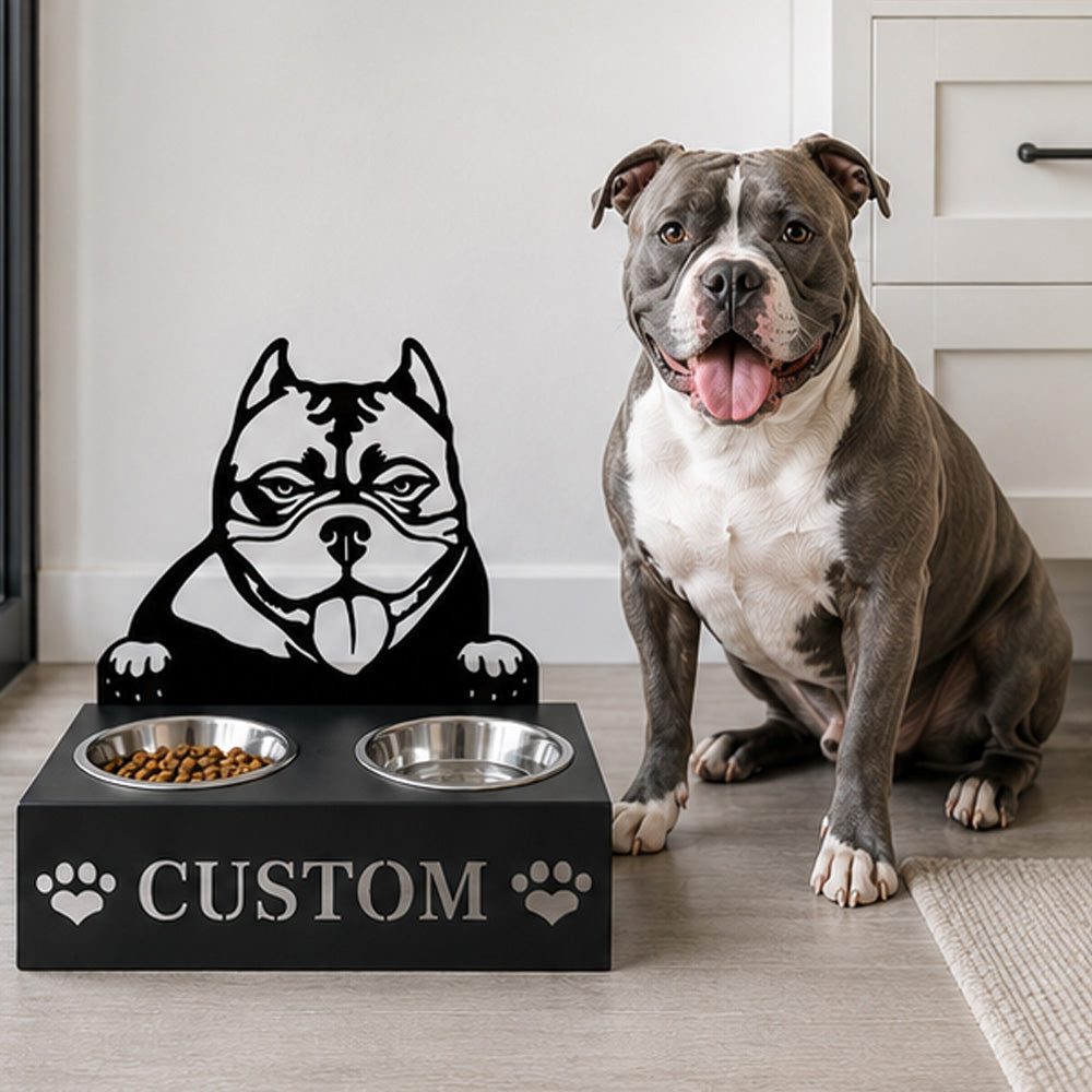 Personalized pit bull terrier metal dog bowl stand with custom name cutout and two removable feeding bowls