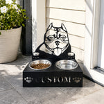 Personalized pit bull terrier metal dog bowl stand with custom name cutout and two removable feeding bowls