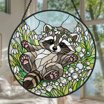 Playful snowdrop baby raccoon stained glass suncatcher window hanging, suitable for home and garden decoration