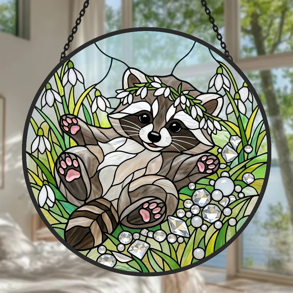 Playful snowdrop baby raccoon stained glass suncatcher window hanging, suitable for home and garden decoration