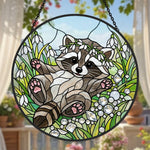 Playful snowdrop baby raccoon stained glass suncatcher window hanging, suitable for home and garden decoration