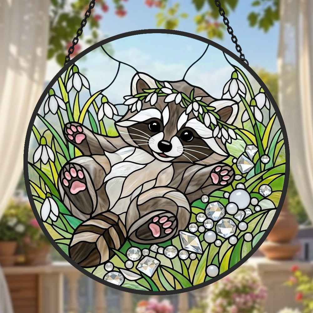 Playful snowdrop baby raccoon stained glass suncatcher window hanging, suitable for home and garden decoration