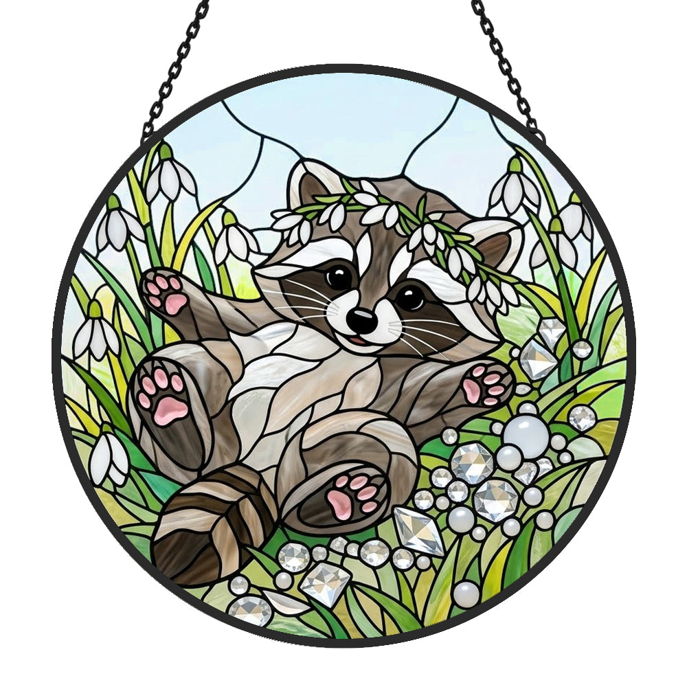 Playful snowdrop baby raccoon stained glass suncatcher window hanging, suitable for home and garden decoration
